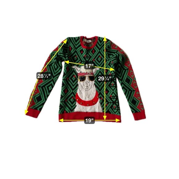Ugly Christmas Sweater With Llama Wearing Sunglasses & Bells Red Green Black Acr - Picture 9 of 9